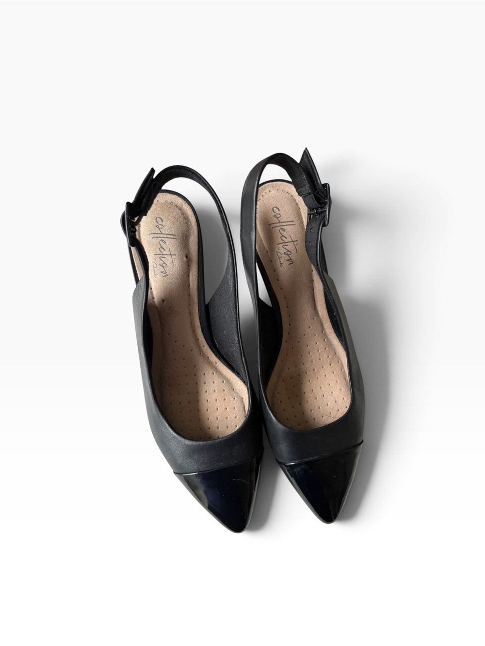 Clarks Collection Womens 7 Black Leather Slingback Pumps Pointed Cap Toe Heel - Picture 4 of 8